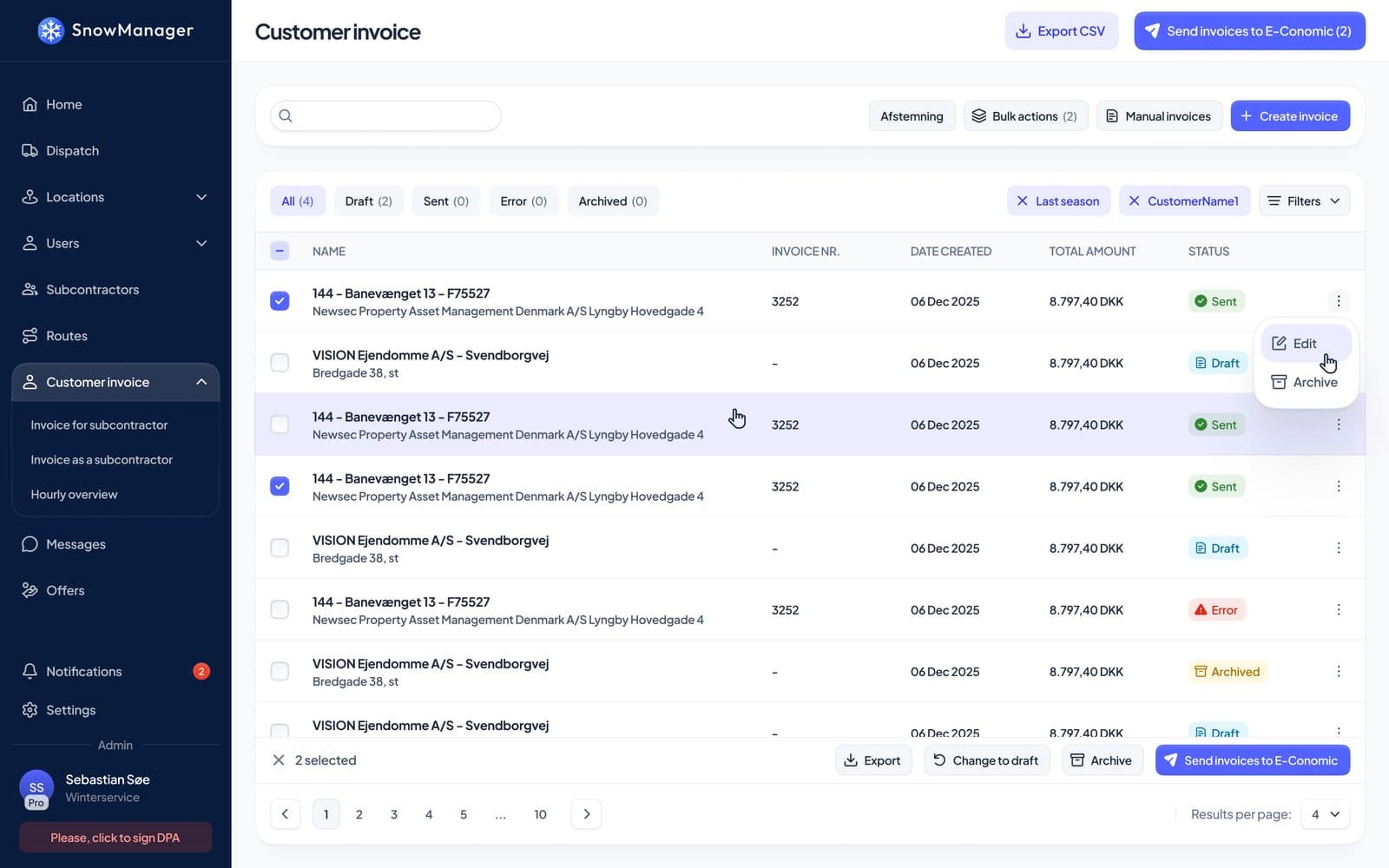 SnowManager customer invoice list with draft, sent and error invoices ready to send to e-conomic